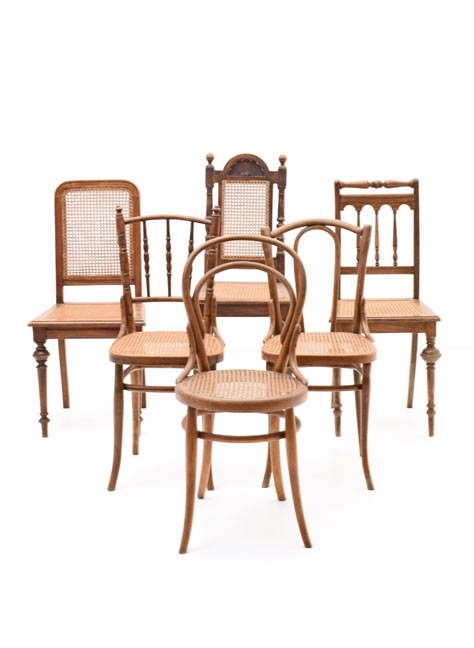 Diverse Holzstühle mit Geflecht, Gründerzeit